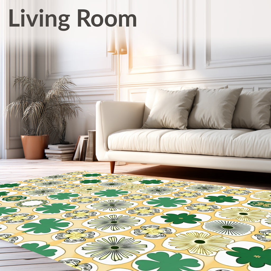 Retro Green Clover Floral Grid Rug
