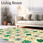Retro Green Clover Floral Grid Rug