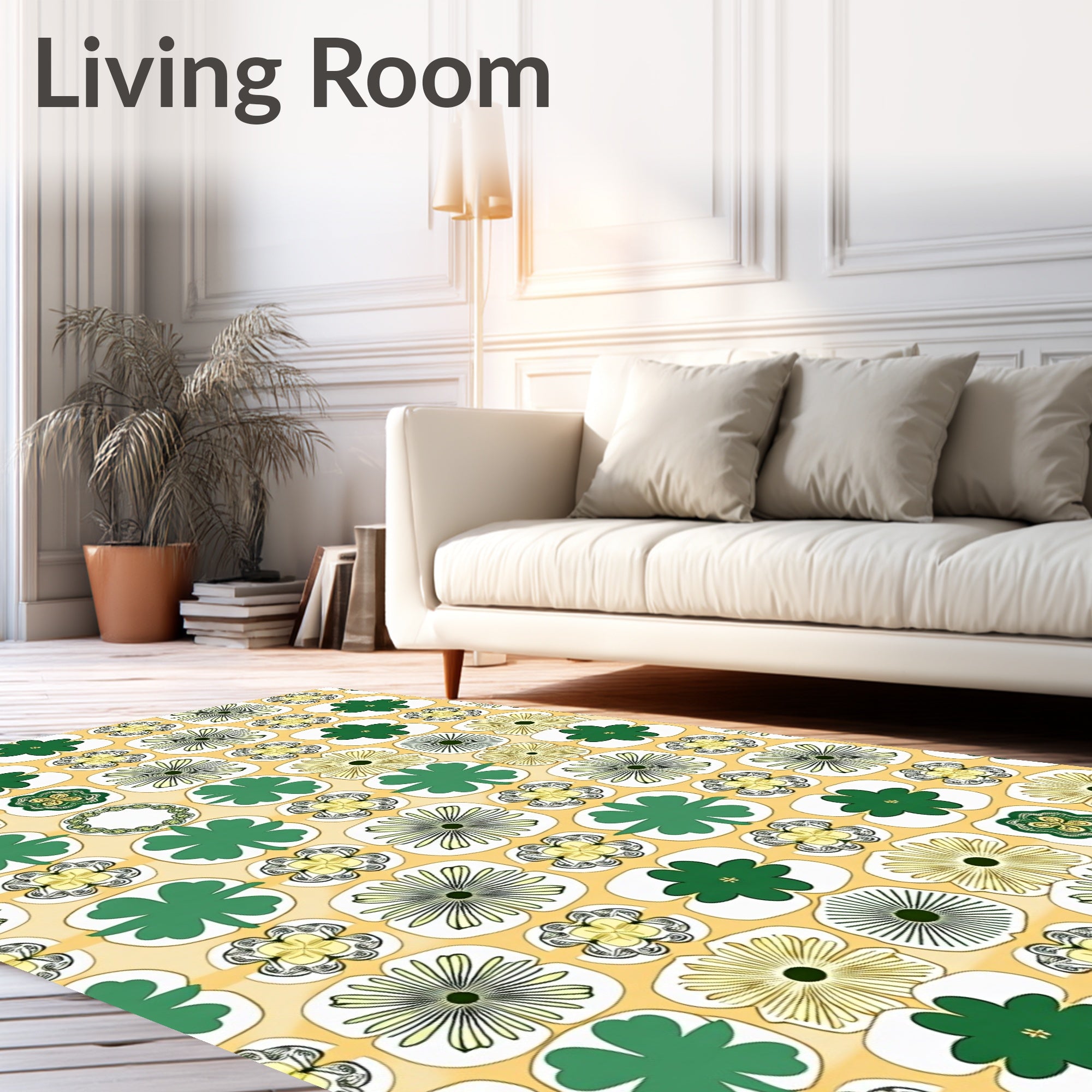 Retro Green Clover Floral Grid Rug