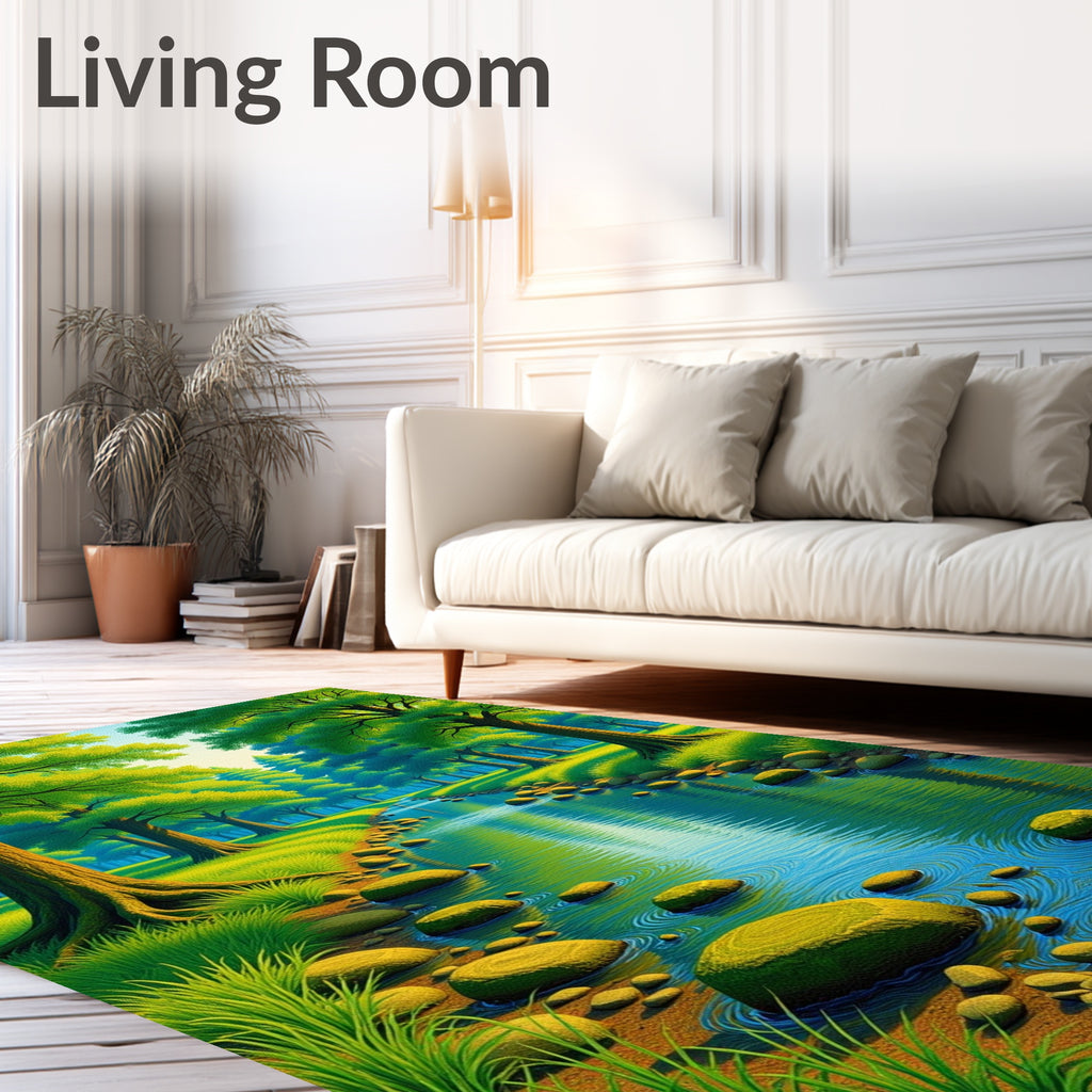 Verdant Forest Stream With Mossy Rocks Rug