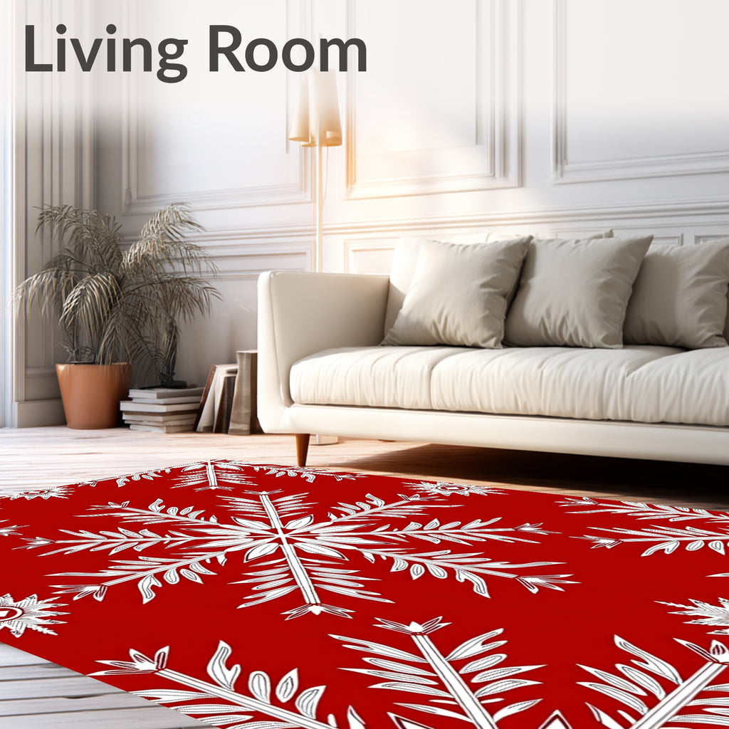 White Festive Snowflakes Red Background Rug