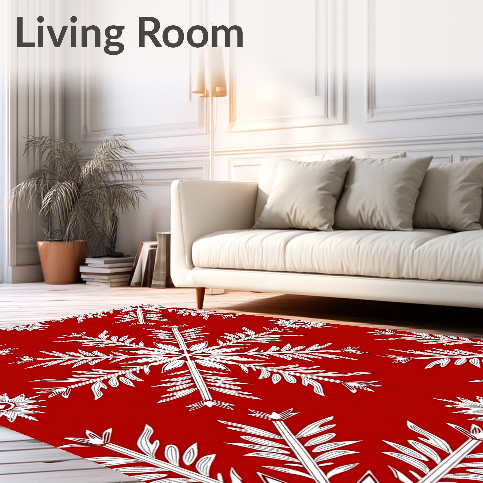 White Festive Snowflakes Red Background Rug
