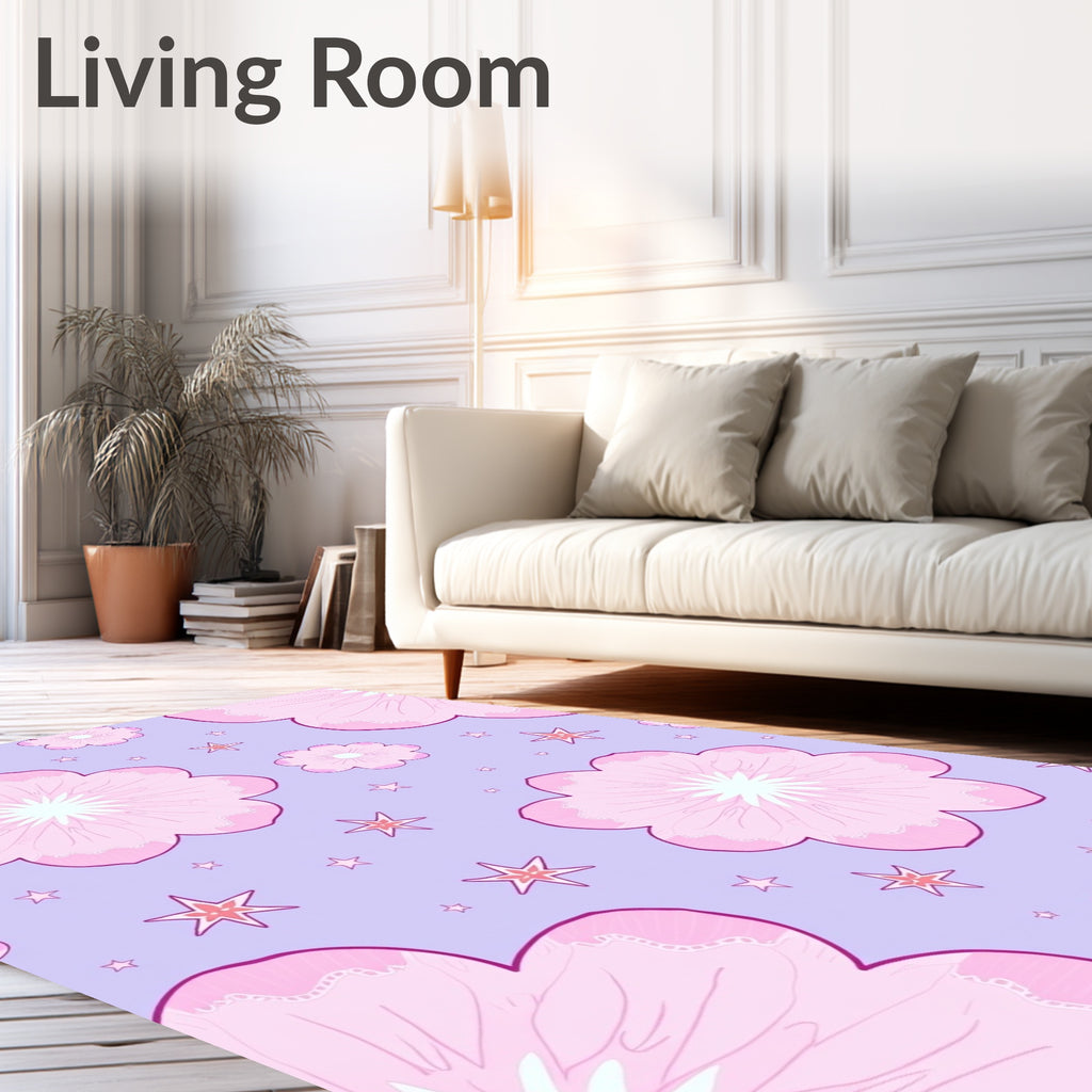 Pink Floral Stars on Lavender Background Rug