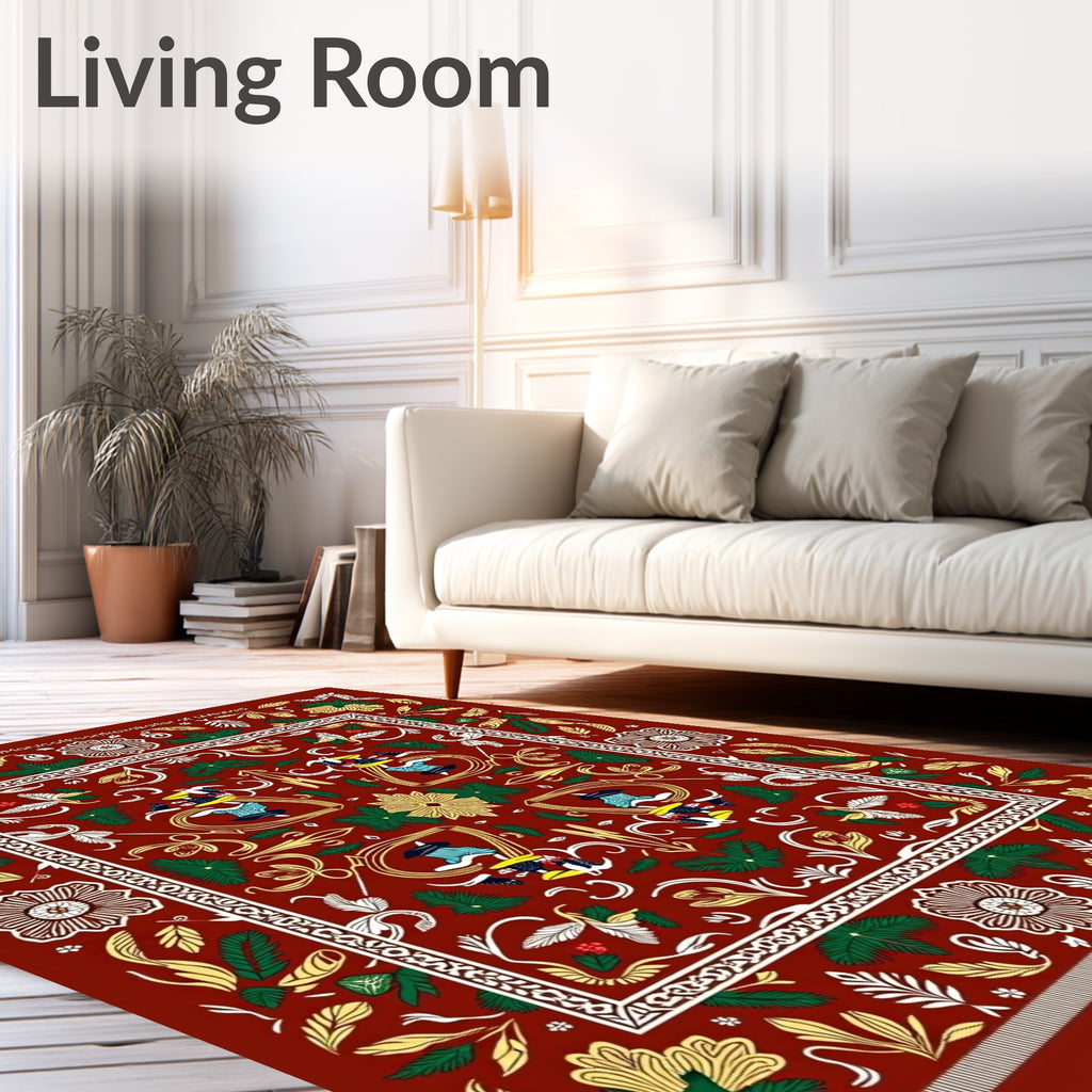 Rich Red Folkloric Bird Swirl Rug