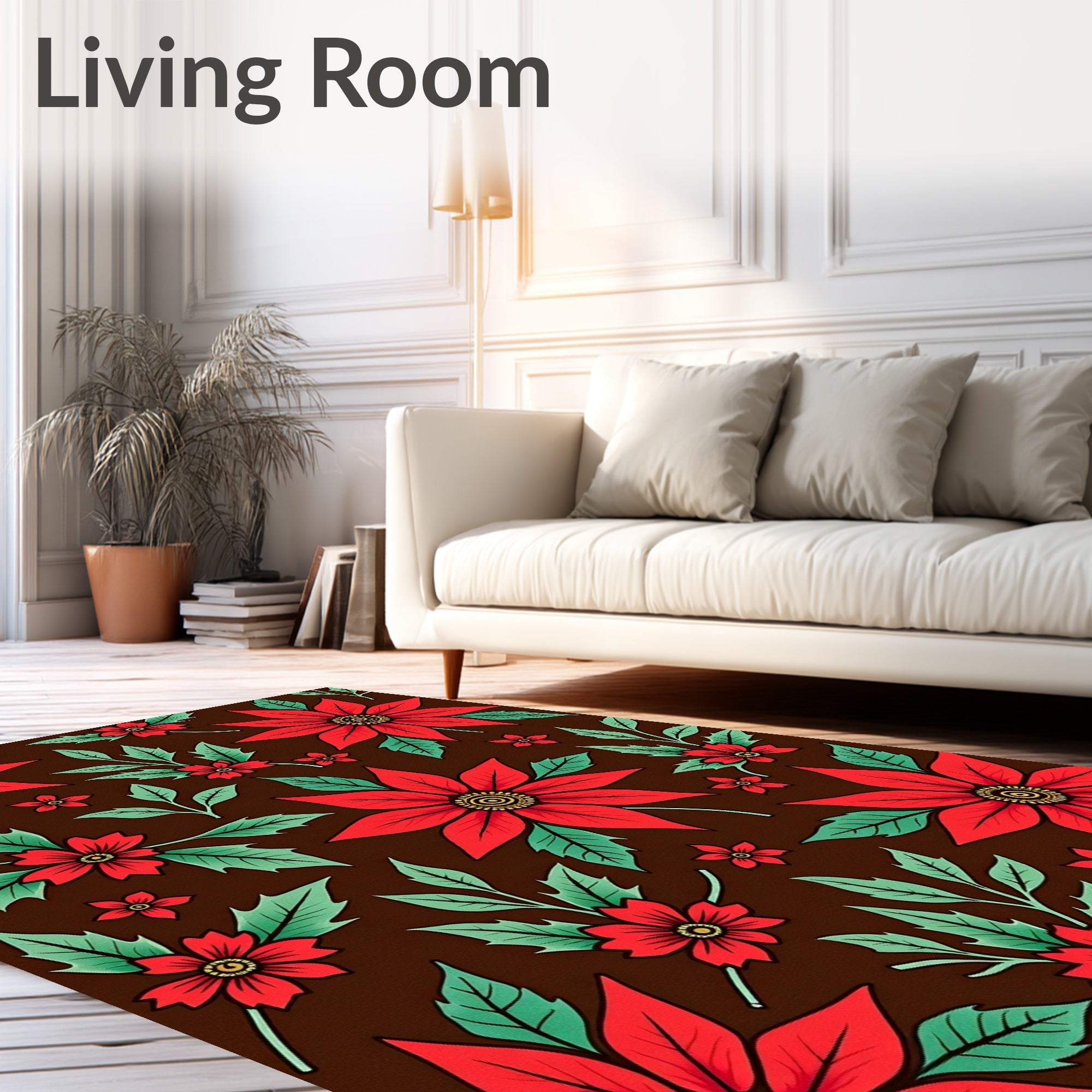 Festive Red Poinsettia Floral Scatter Rug