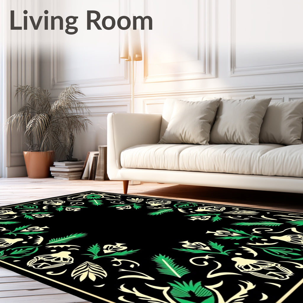 Black Cream Green Floral Frame Rug