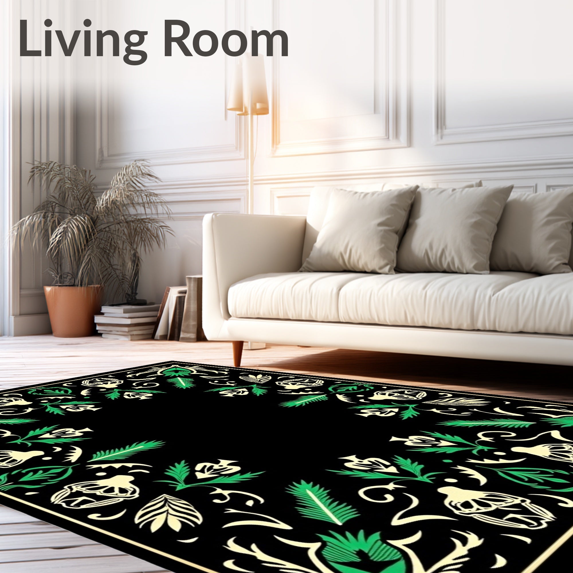 Black Cream Green Floral Frame Rug