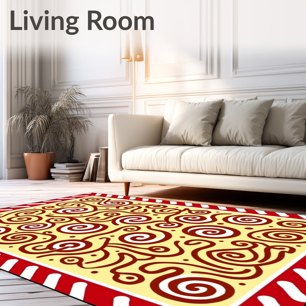 Red Swirl Cream Abstract Border Rug