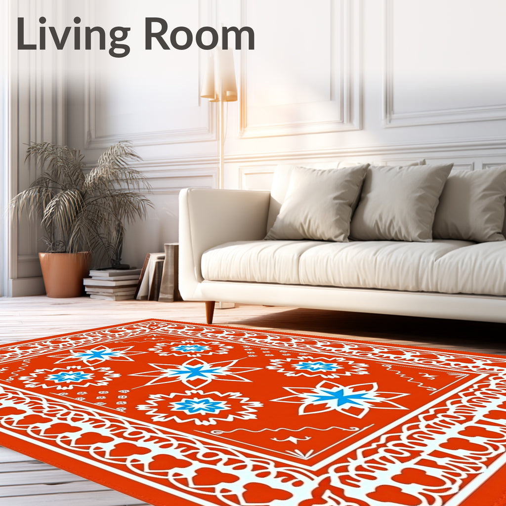 Orange White Blue Floral Medallion Rug