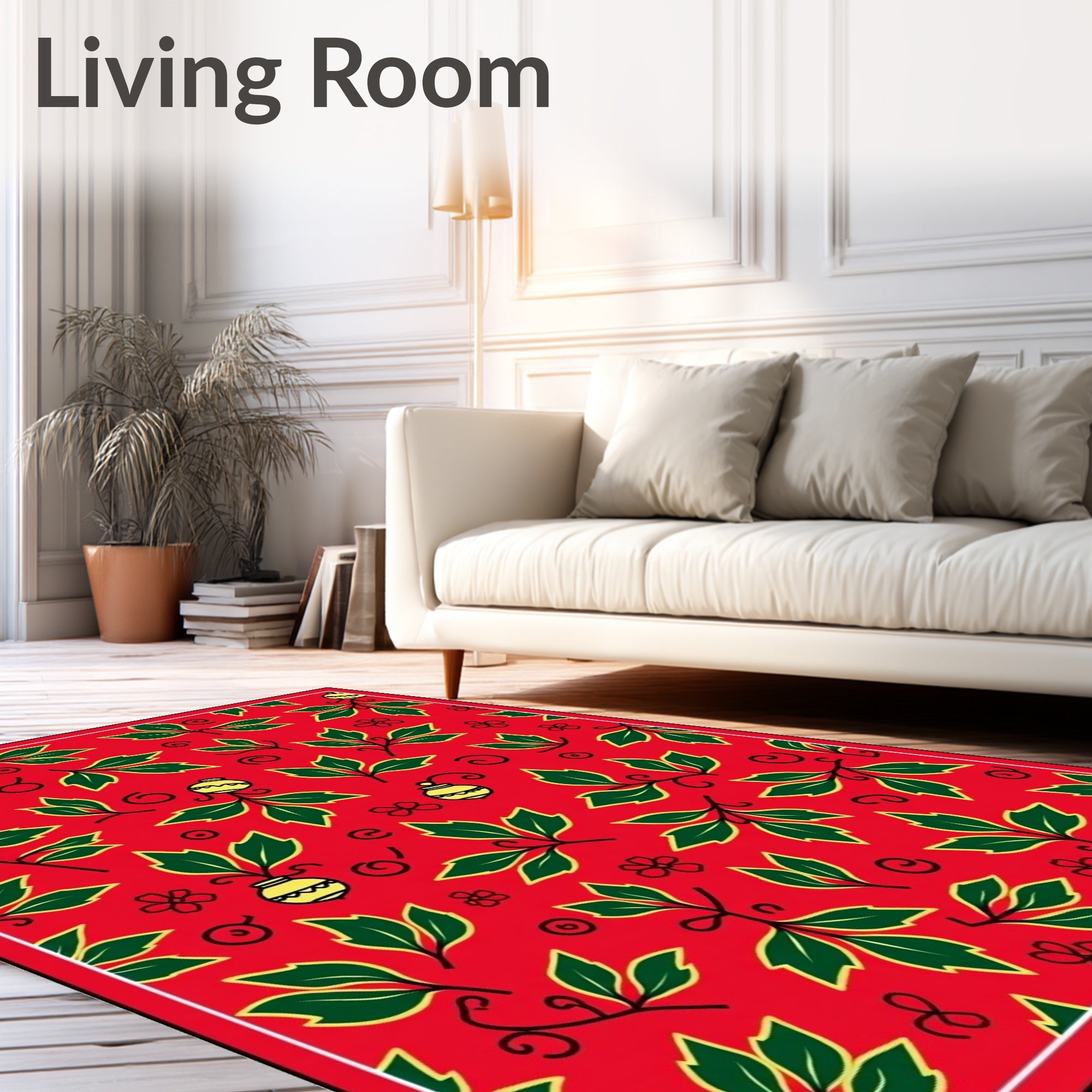 Red Vines Yellow Orbs Flowers Rug