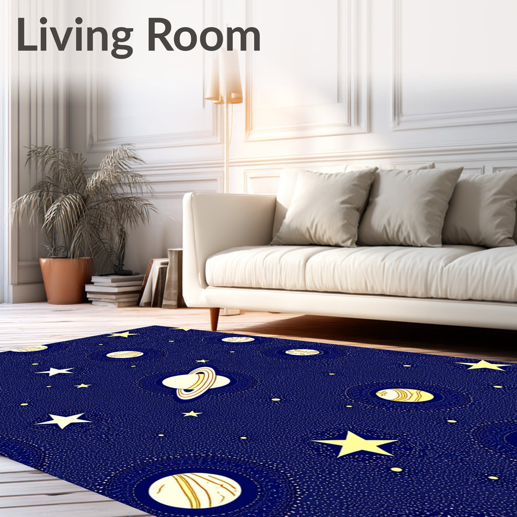 Dark Blue Celestial Starry Planets Rug
