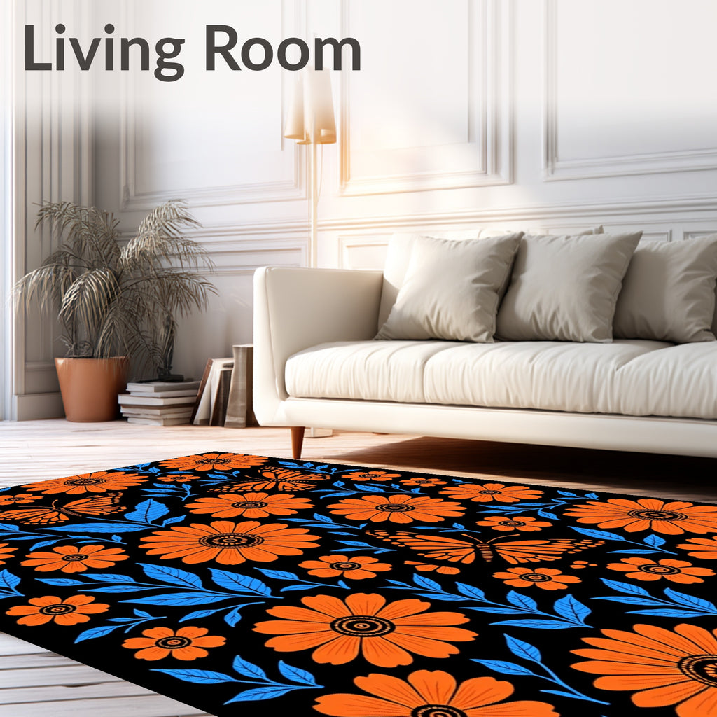 Bright Orange Monarch Butterfly Floral Rug