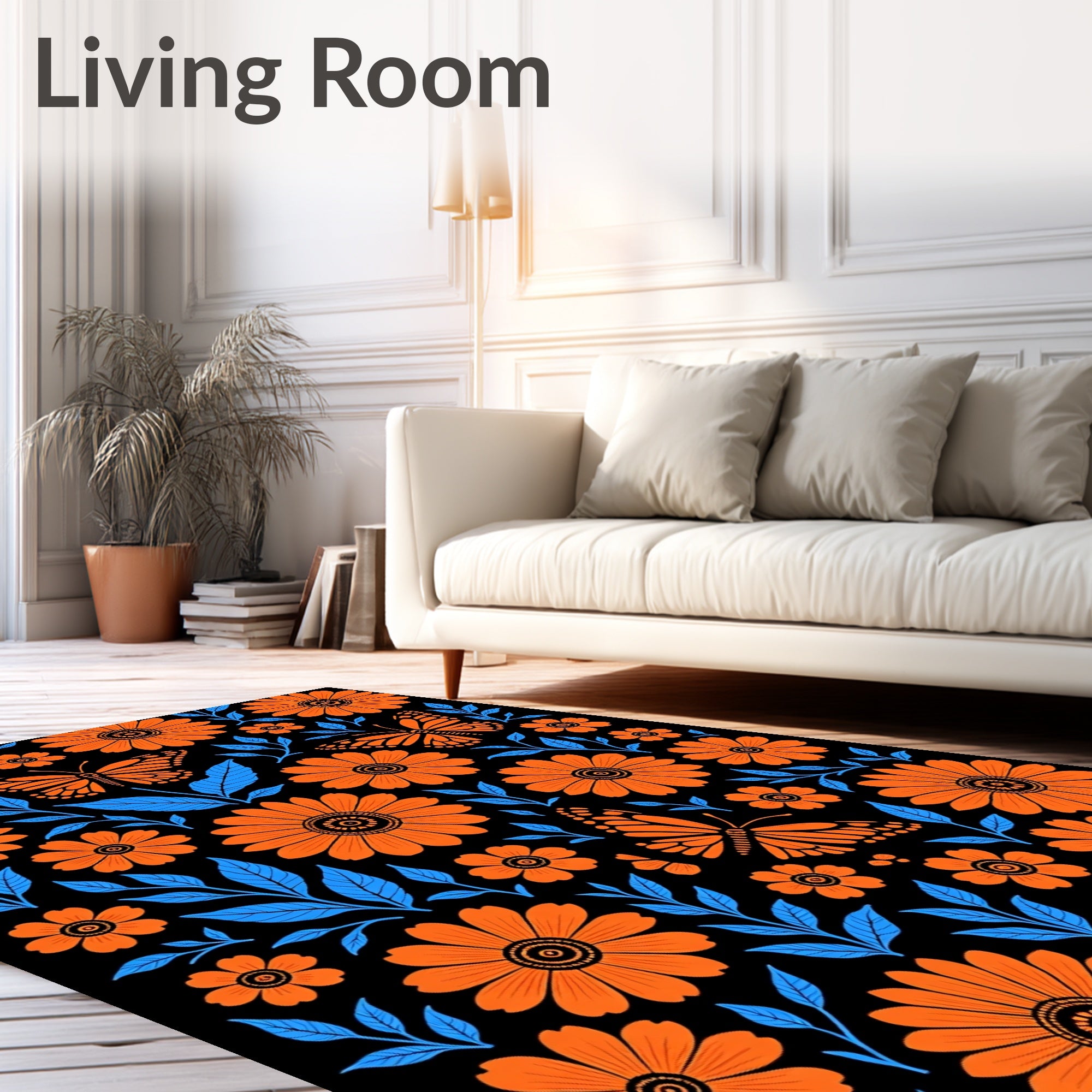 Bright Orange Monarch Butterfly Floral Rug
