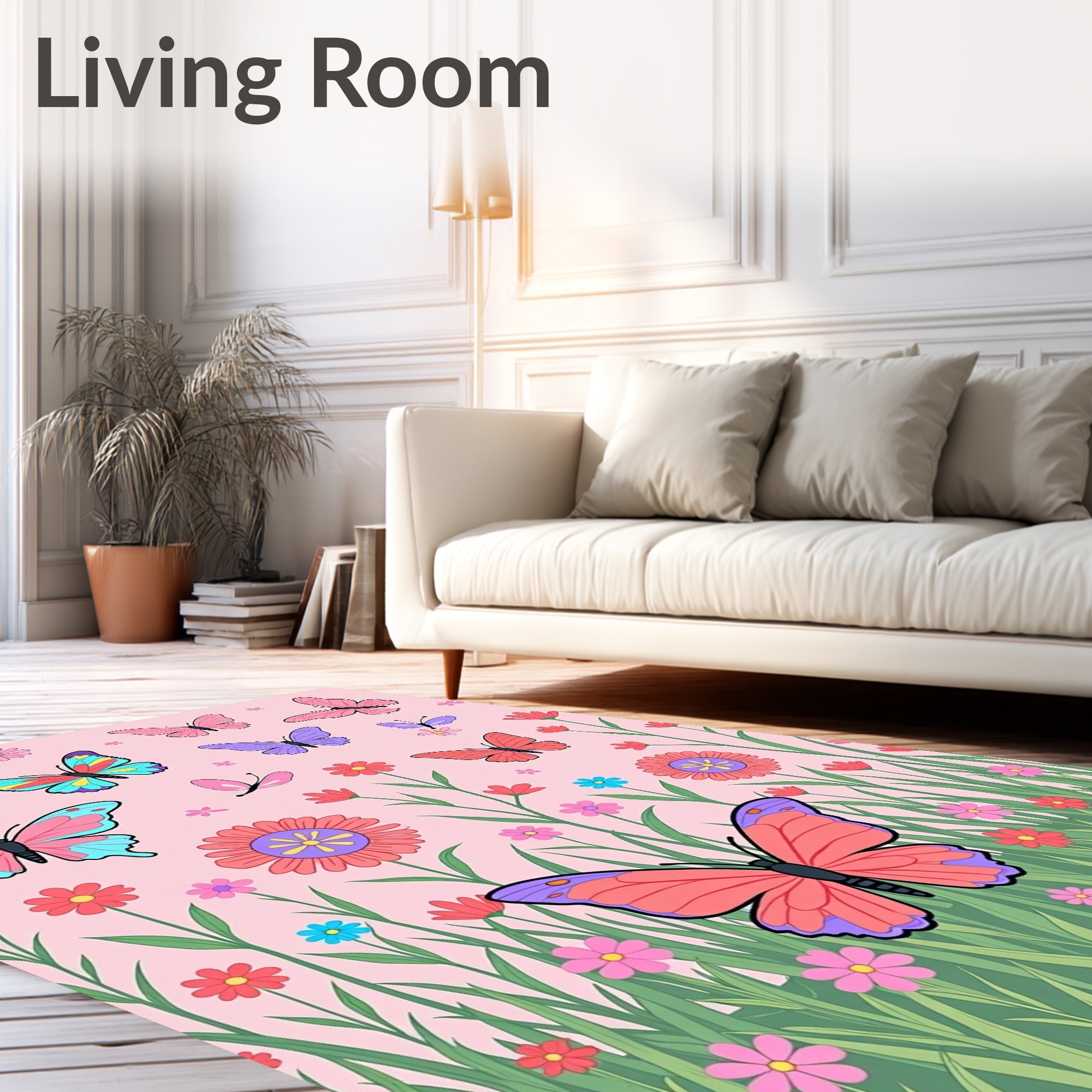 Whimsical Pink Butterfly Garden Meadow Rug