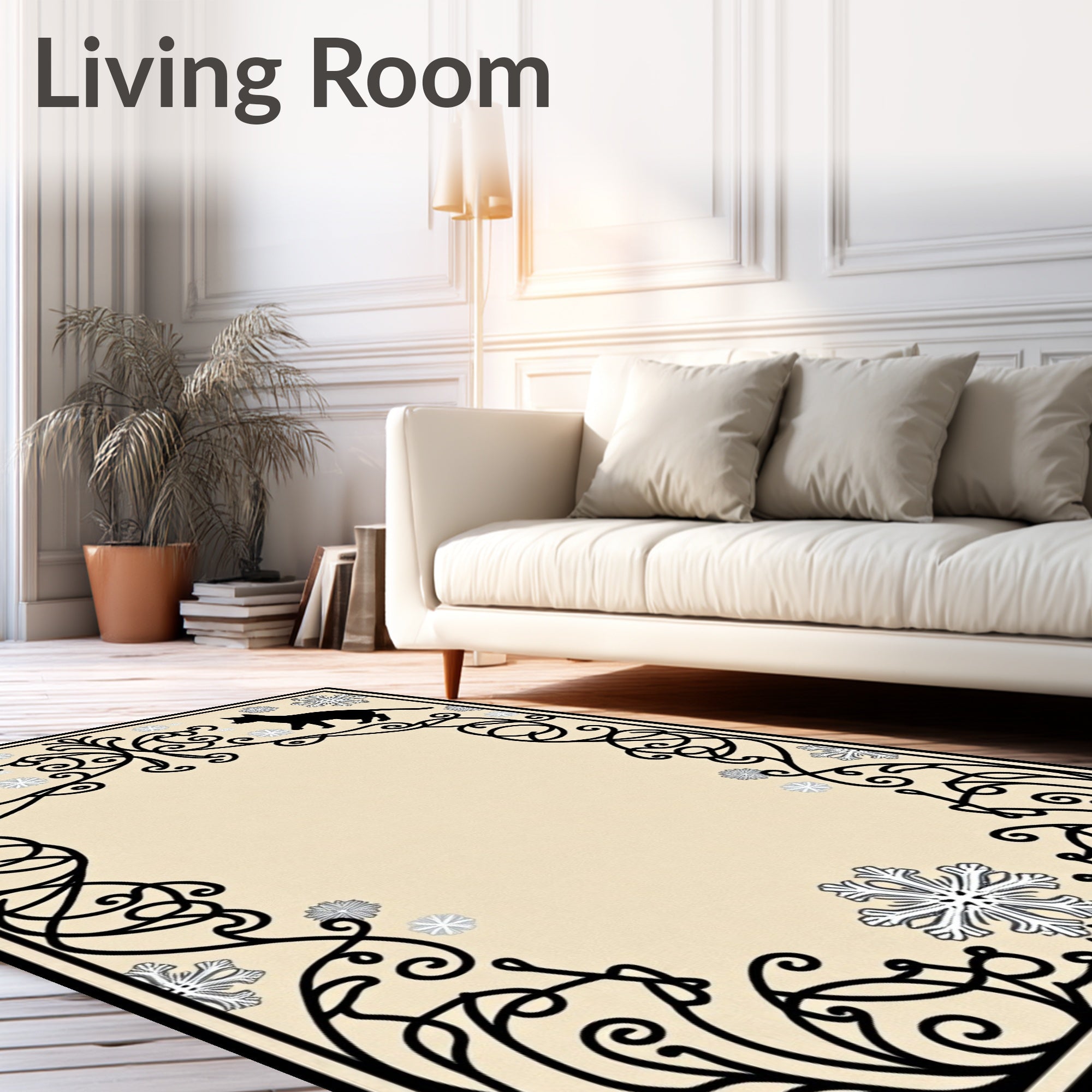 Black Cats And Snowflakes Scroll Border Rug