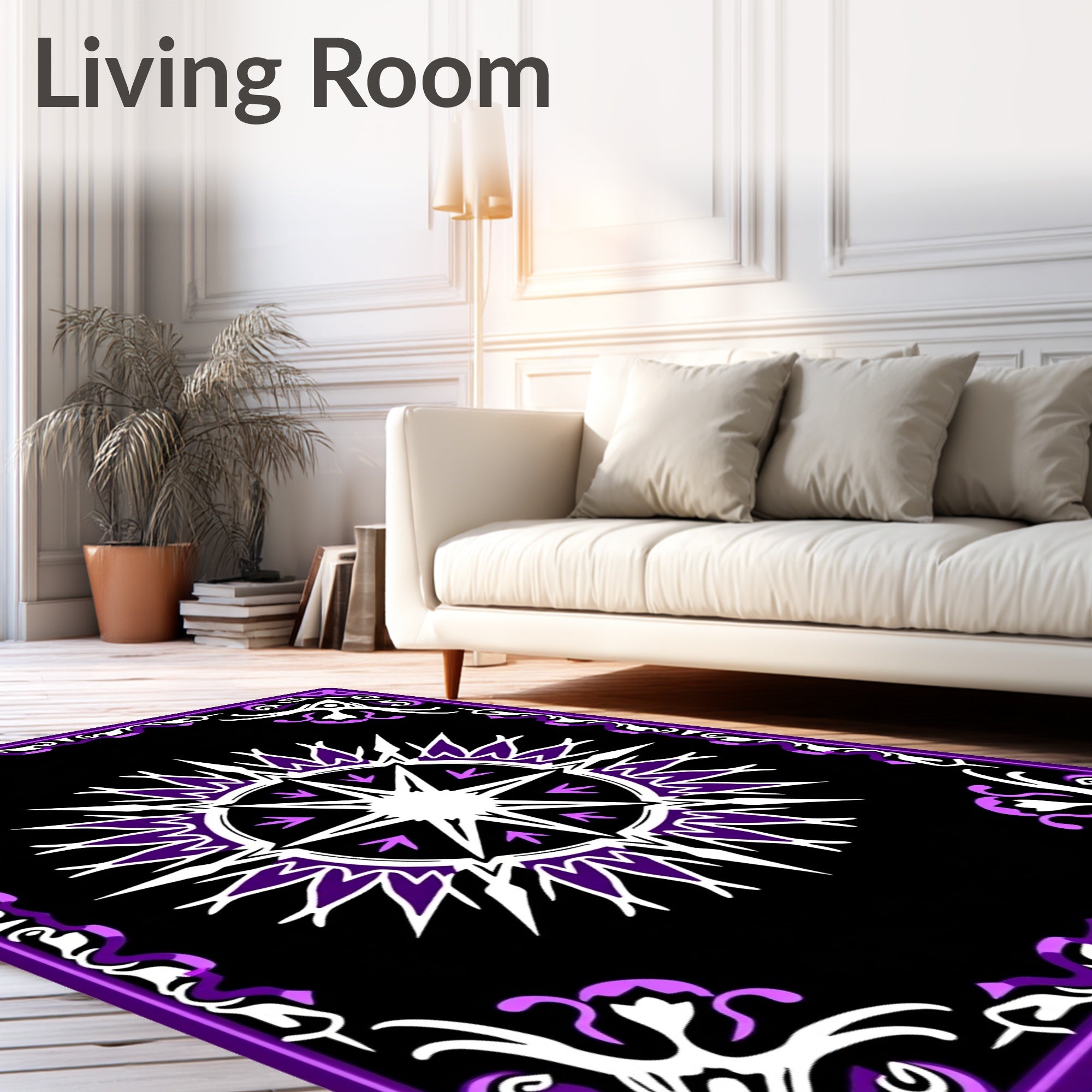 Purple White Sunburst Mandala Border Rug