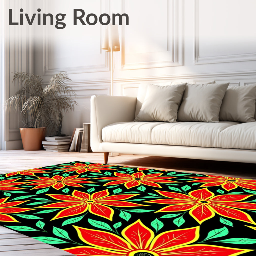 Vibrant Red Yellow Floral Foliage Rug