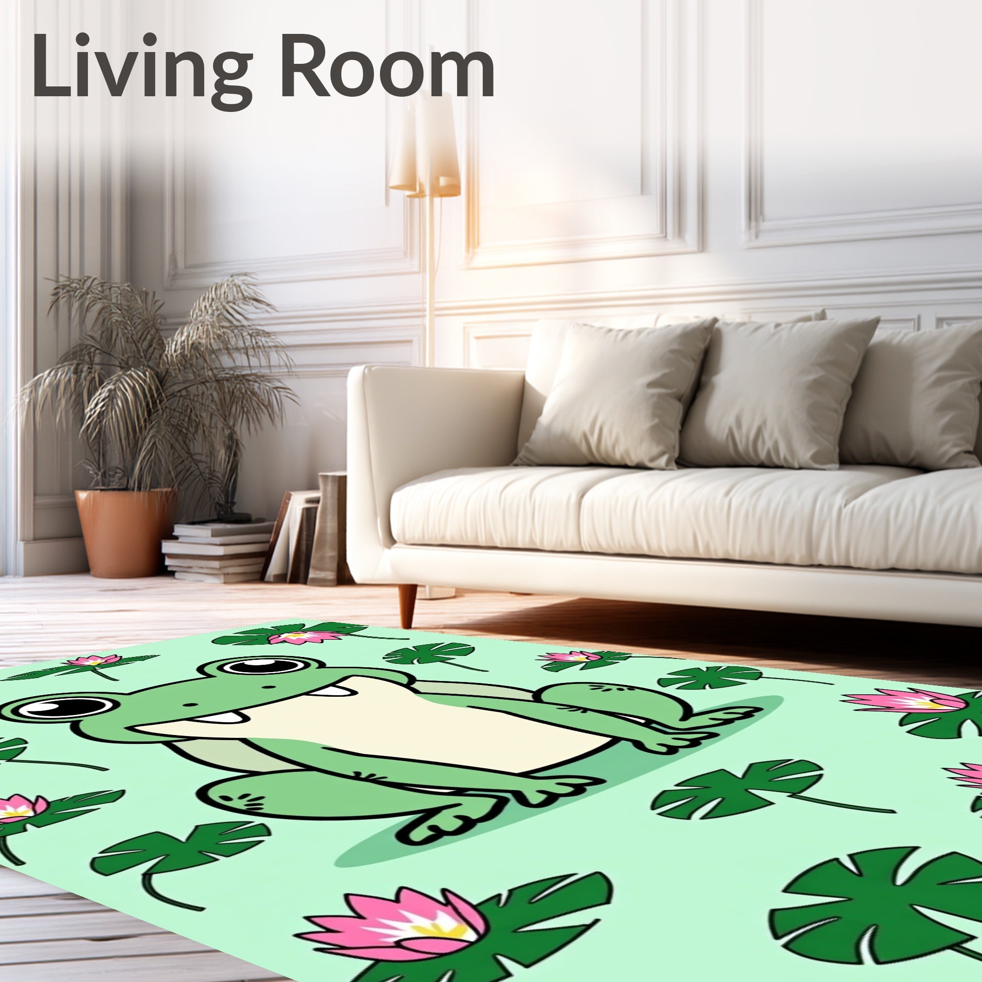 Whimsical Green Frog Lotus Pad Rug