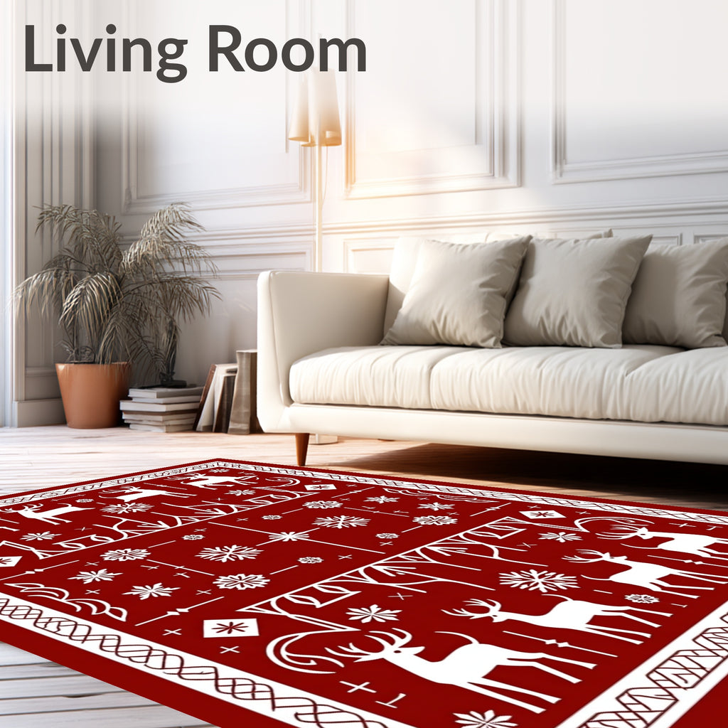 Red White Reindeer Snowflake Jacquard Rug