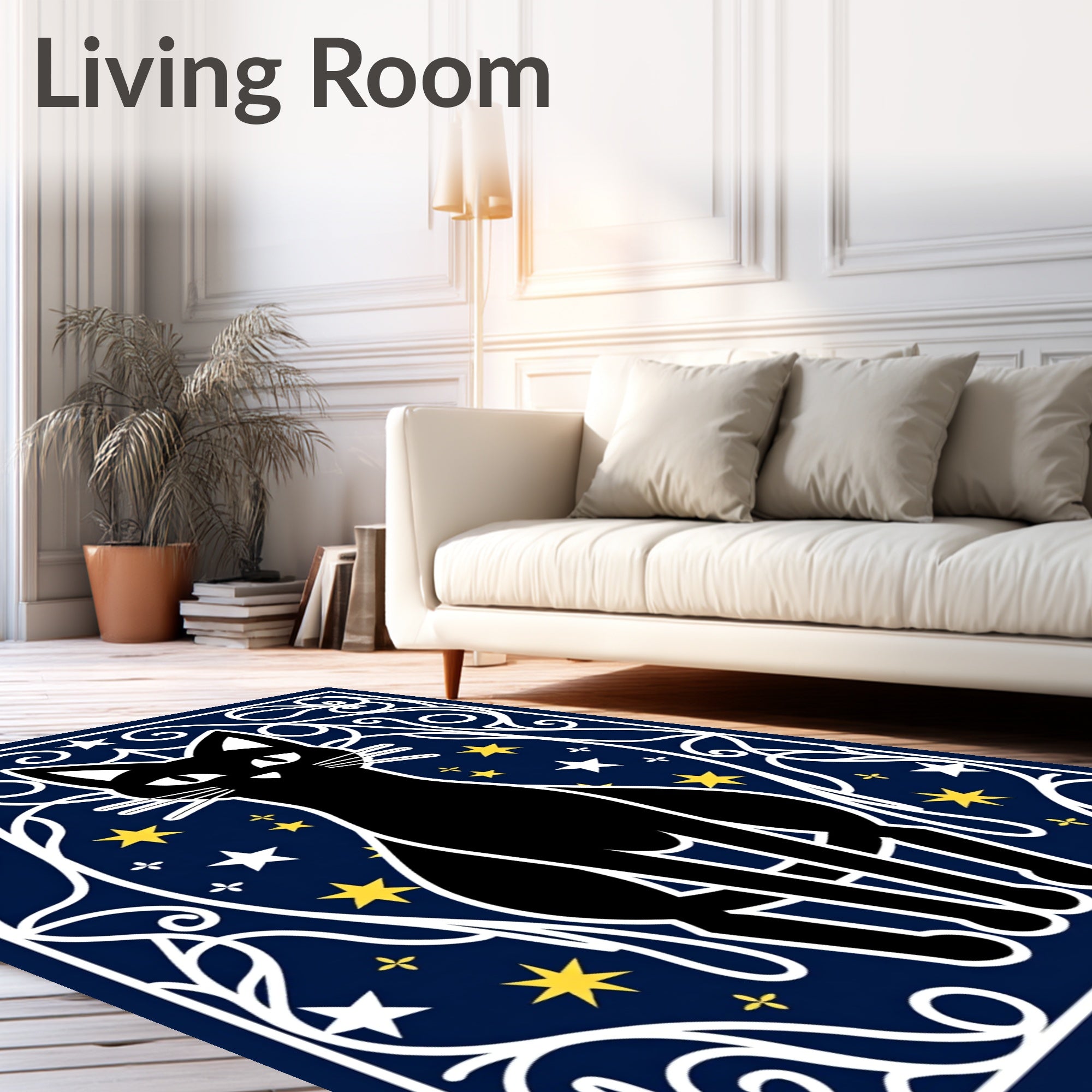 Black Cat Starry Night Swirls Rug
