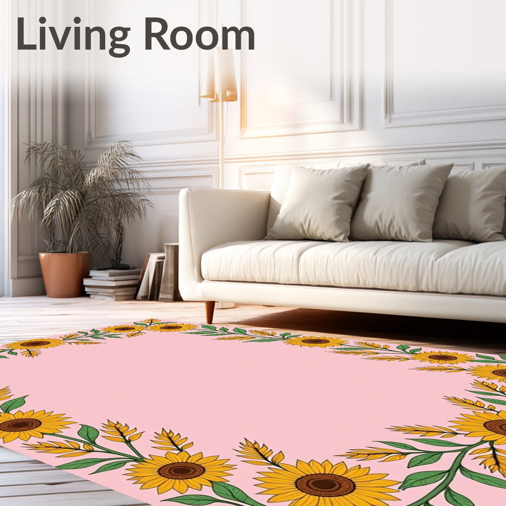 Whimsical Yellow Sunflower Vine Pink Rug