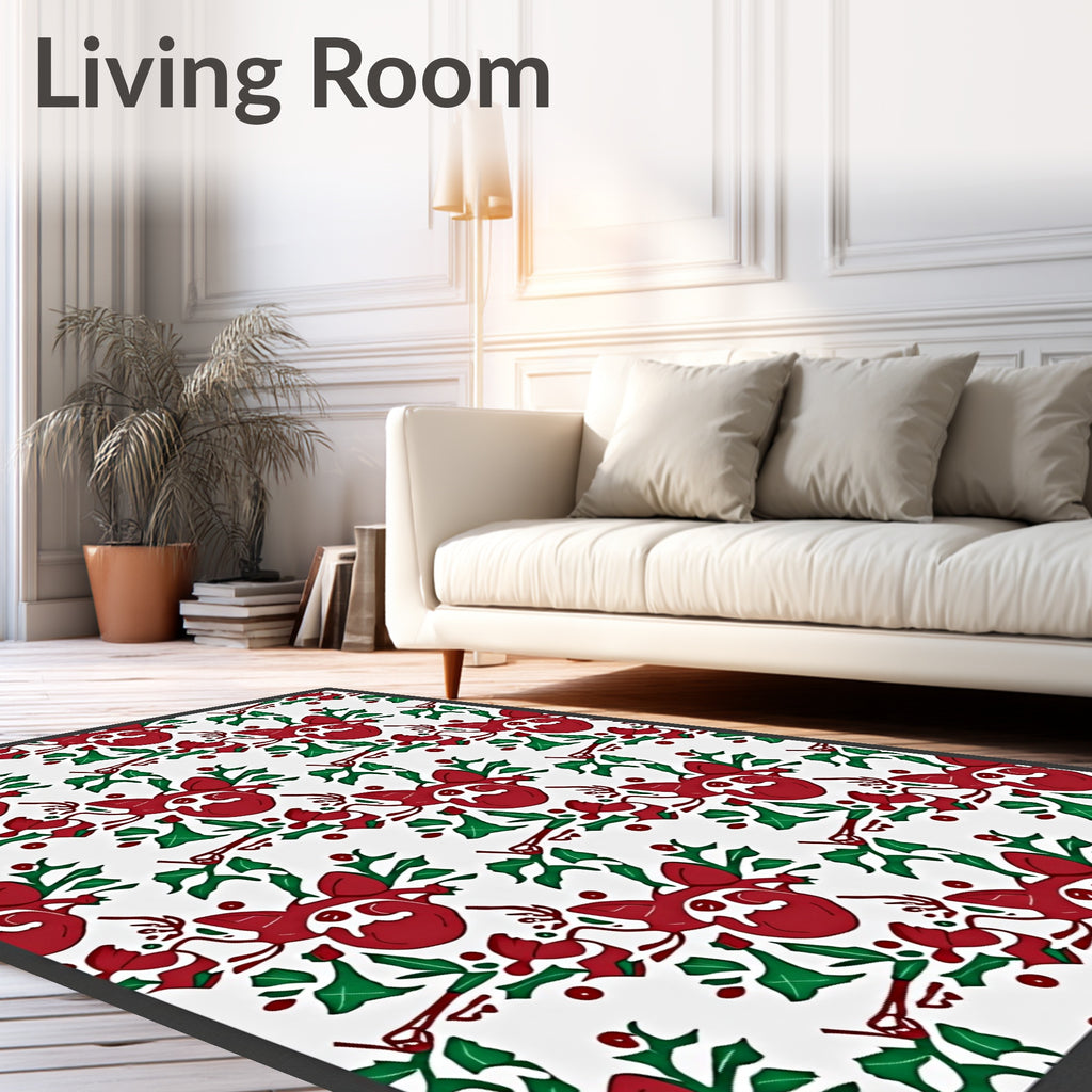Red Reindeer Holly Leaf Swirl Rug