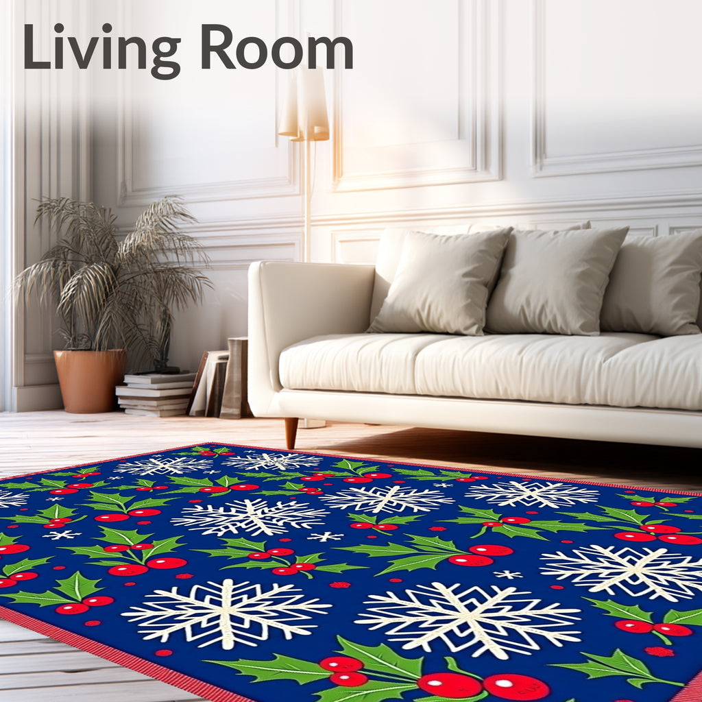 Winter Holly Snowflakes Blue Red Rug