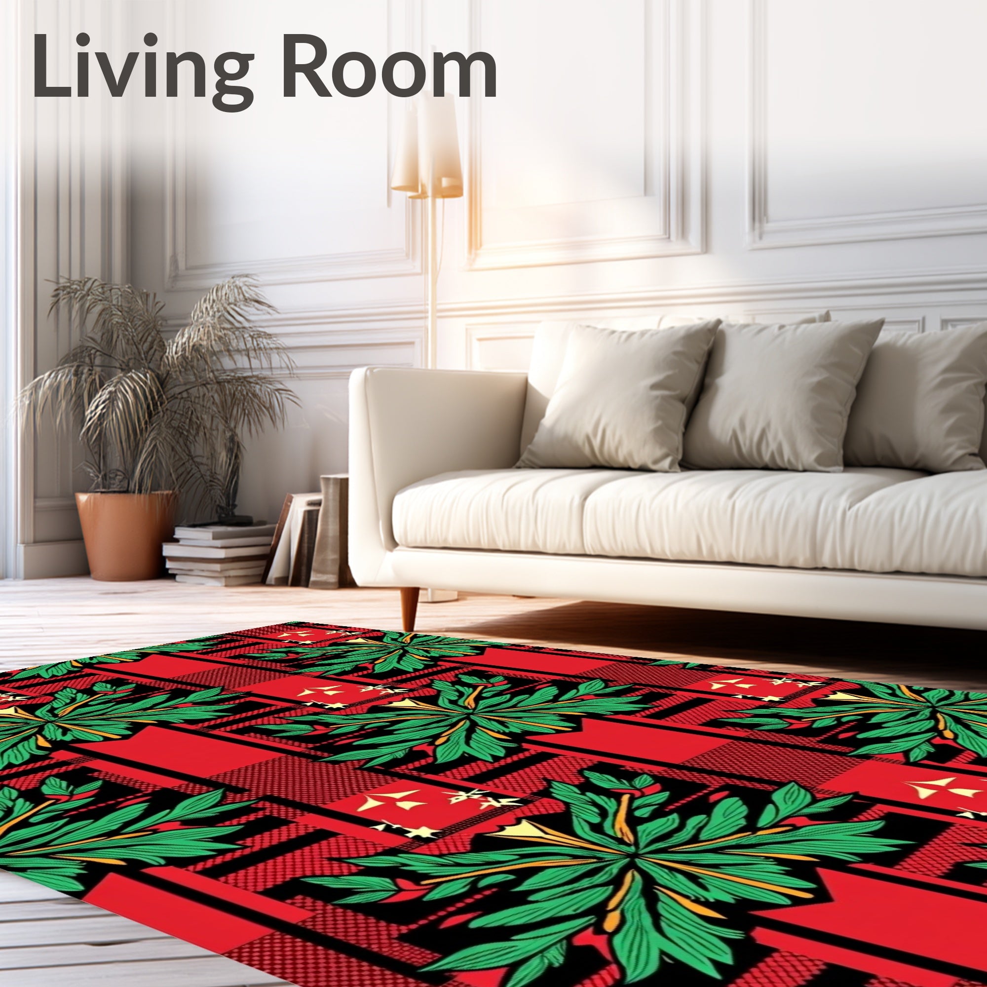 Bold Red Green Leaf Plaid Accents Rug