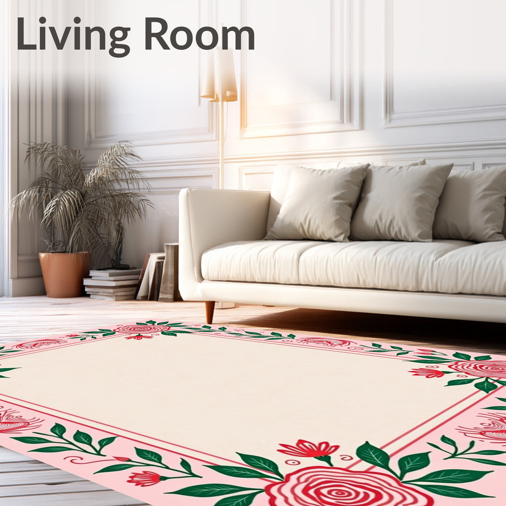 Pink Crimson Floral Garden Border Rug