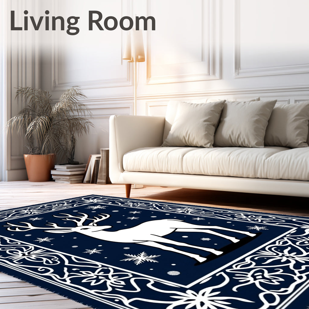 White Stag Winter Snowflakes Border Rug