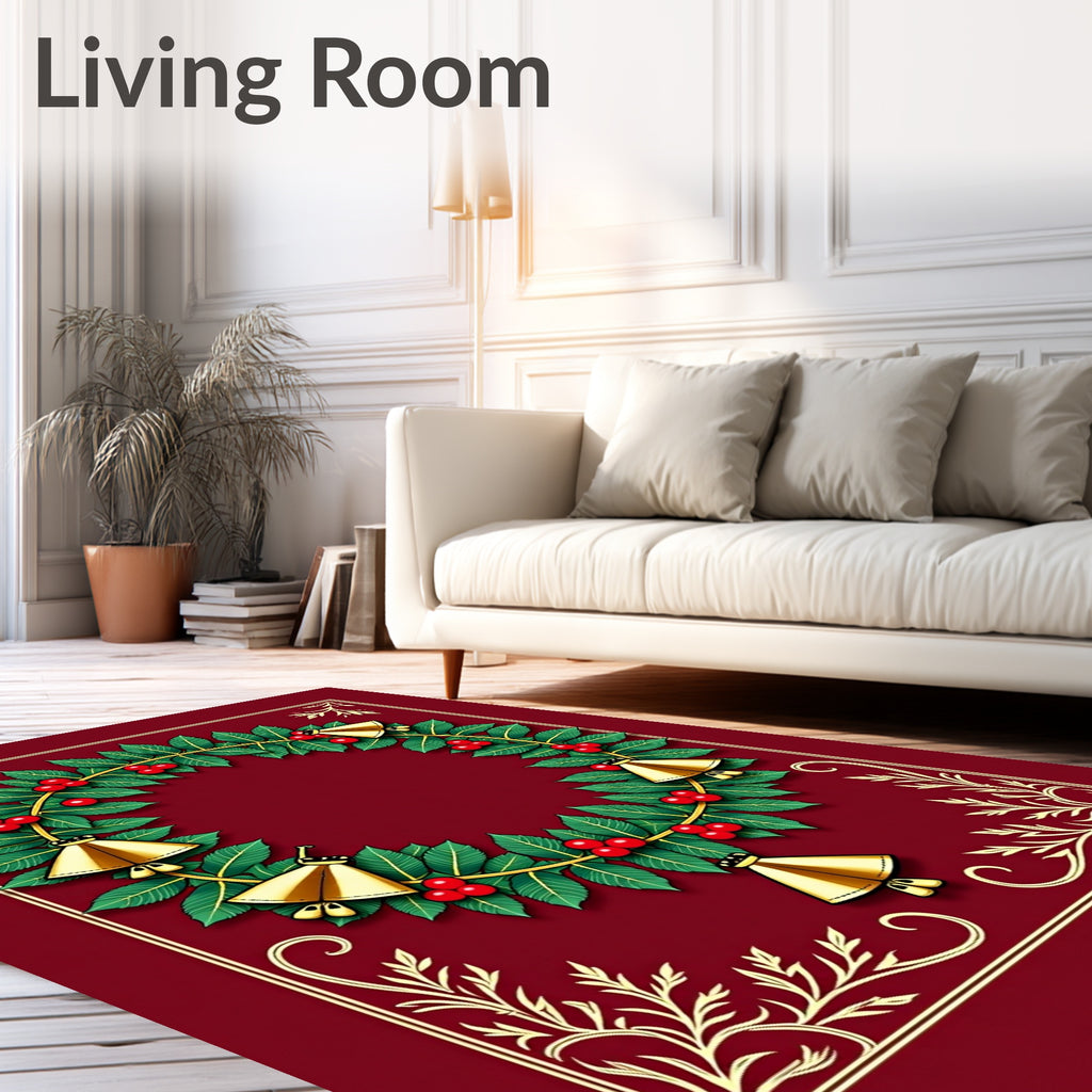 Festive Green Holly Berry Bell Wreath Rug