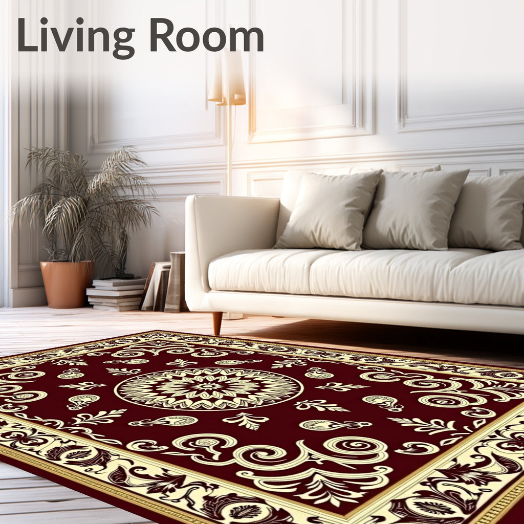Crimson Floral Scroll Medallion Rug