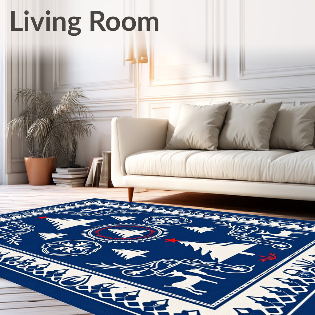 Winter Blue White Christmas Tree Reindeer Rug