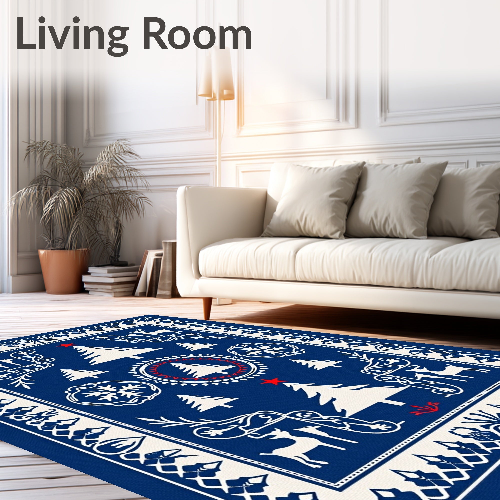 Winter Blue White Christmas Tree Reindeer Rug