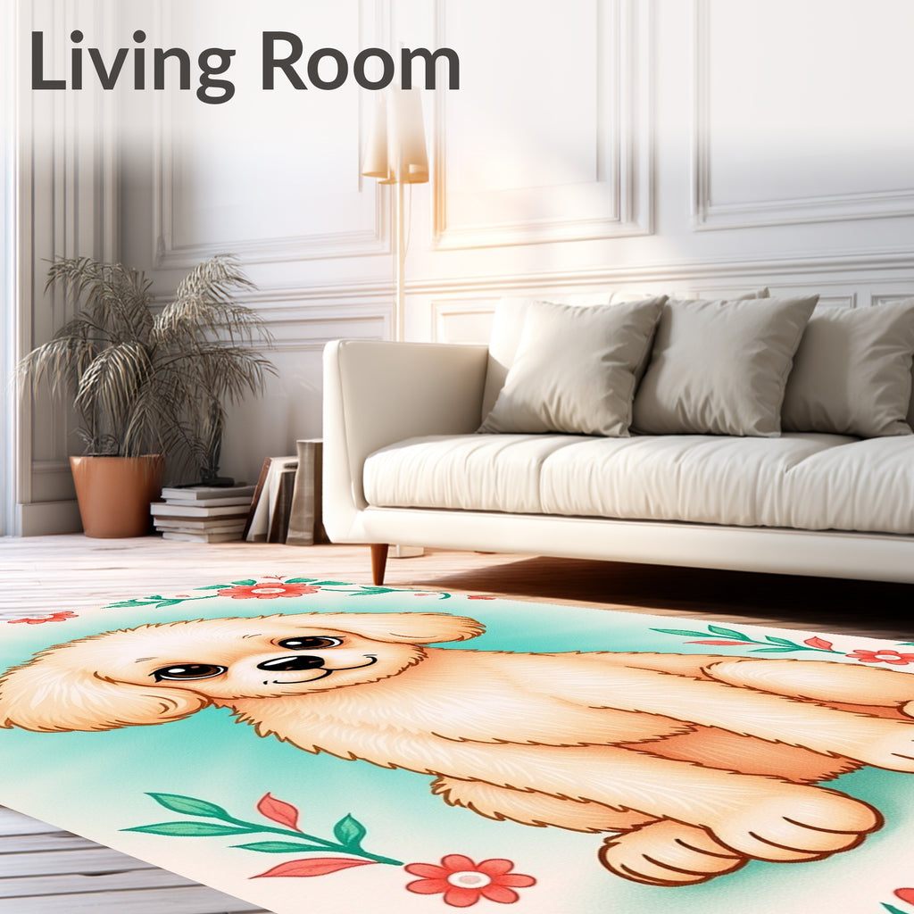 Whimsical Cream Puppy Floral Garden Rug