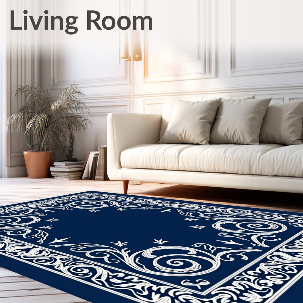 Intricate Navy White Floral Scrollwork Rug