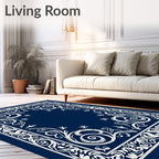 Intricate Navy White Floral Scrollwork Rug
