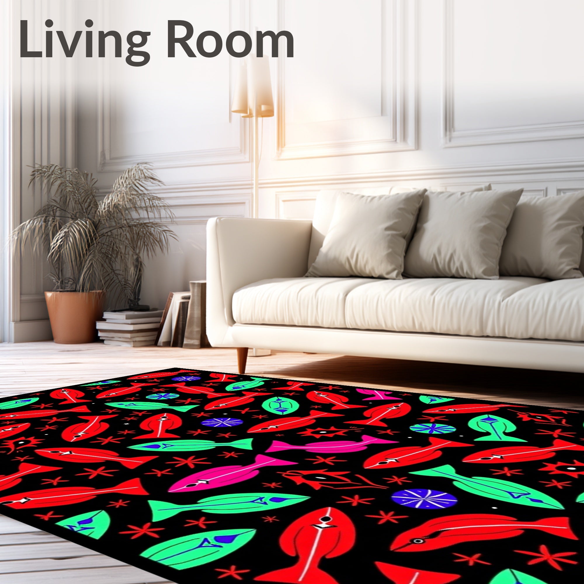 Whimsical Red Green Fish Collection Rug