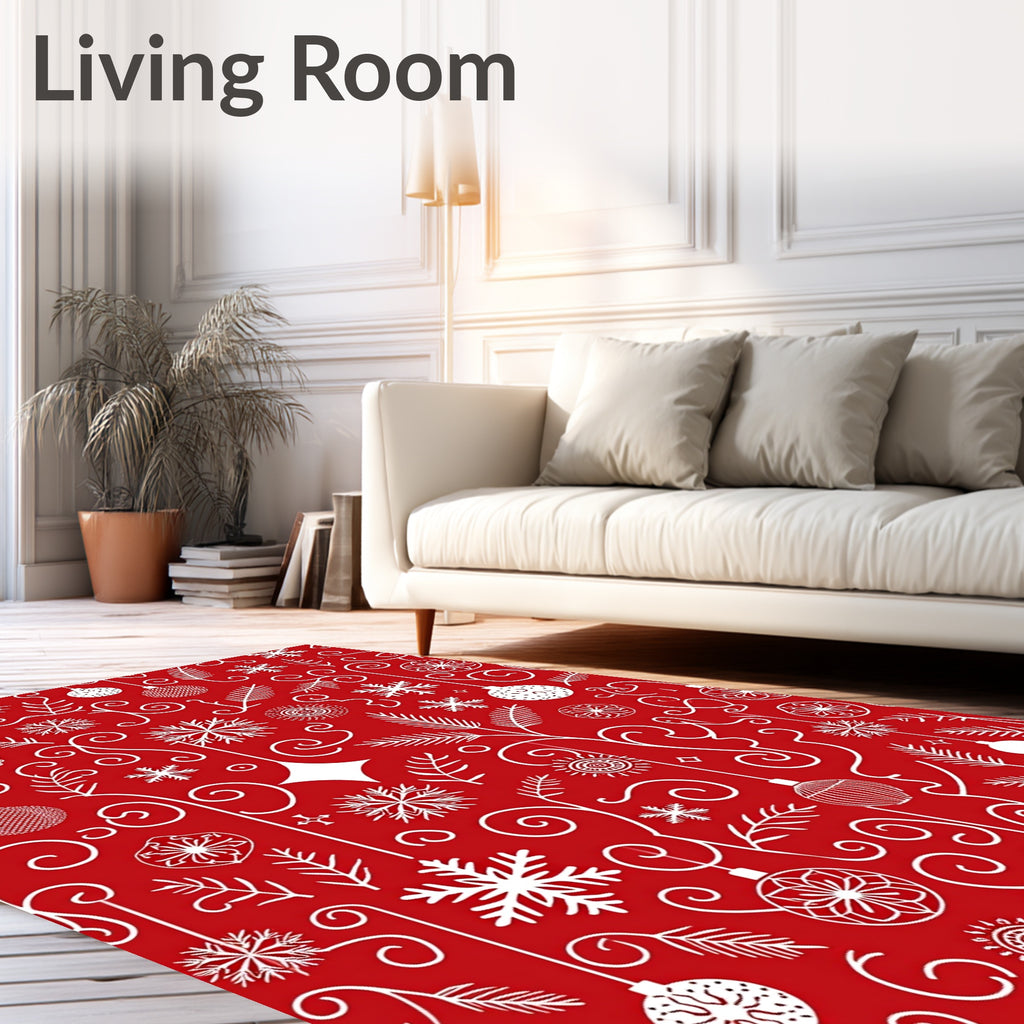 Red White Holiday Ornaments Snowflakes Vines Rug