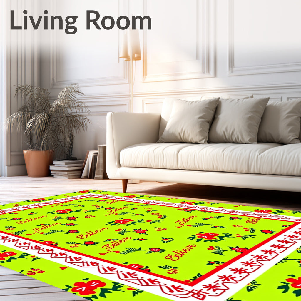 Whimsical Red Floral Believe Green Rug