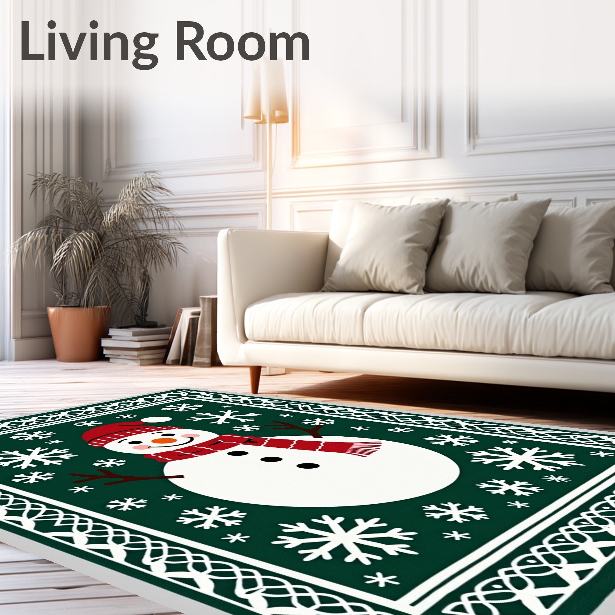Festive Snowman Green Snowflake Border Rug