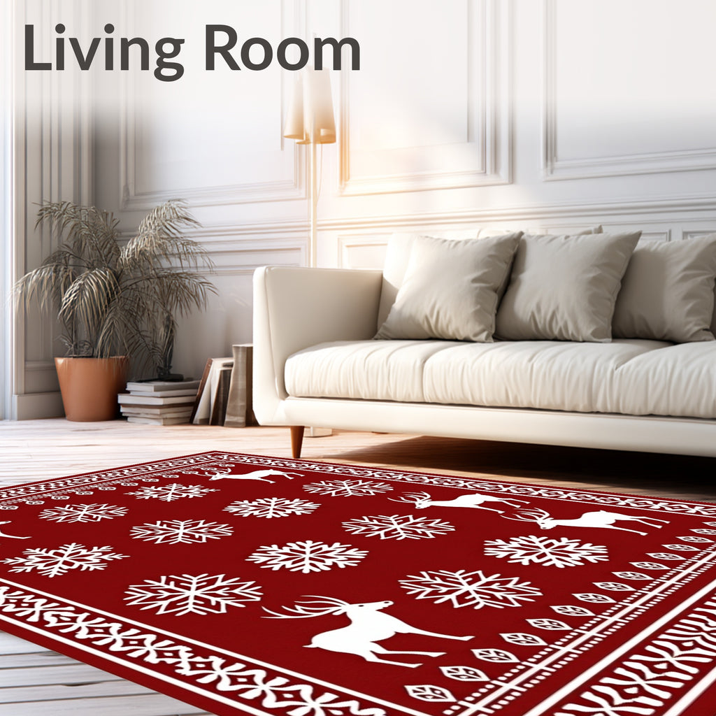 Crimson Reindeer Snowflake Holiday Border Rug