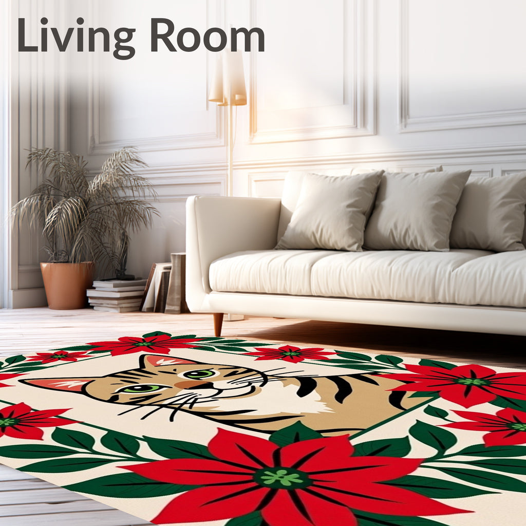 Cheeky Tabby Cat Poinsettia Frame Rug