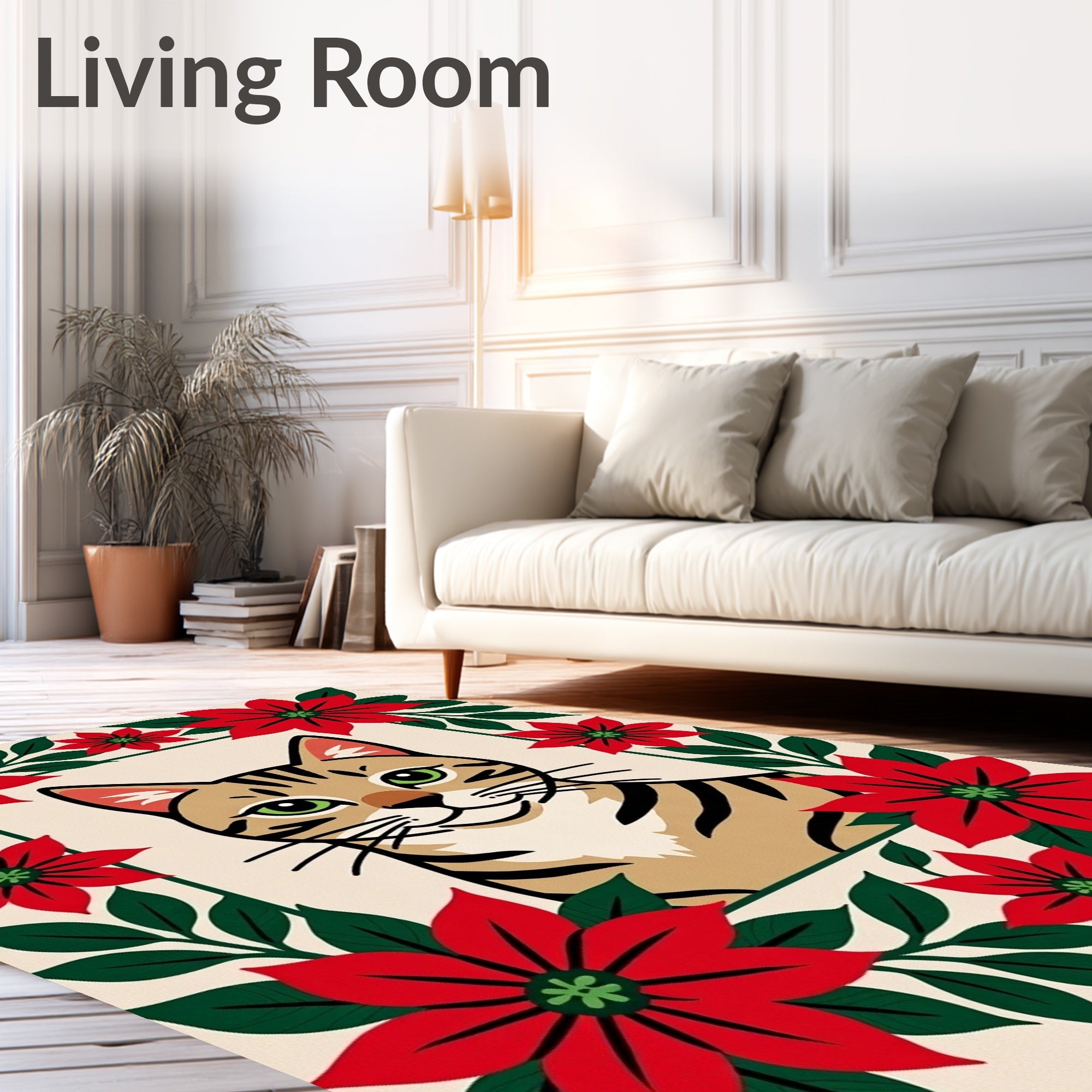 Cheeky Tabby Cat Poinsettia Frame Rug