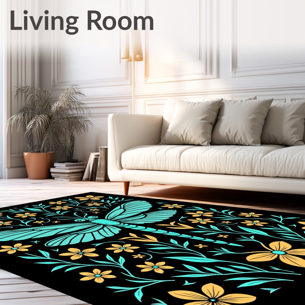 Turquoise Dragonfly Floral Garden Art Rug