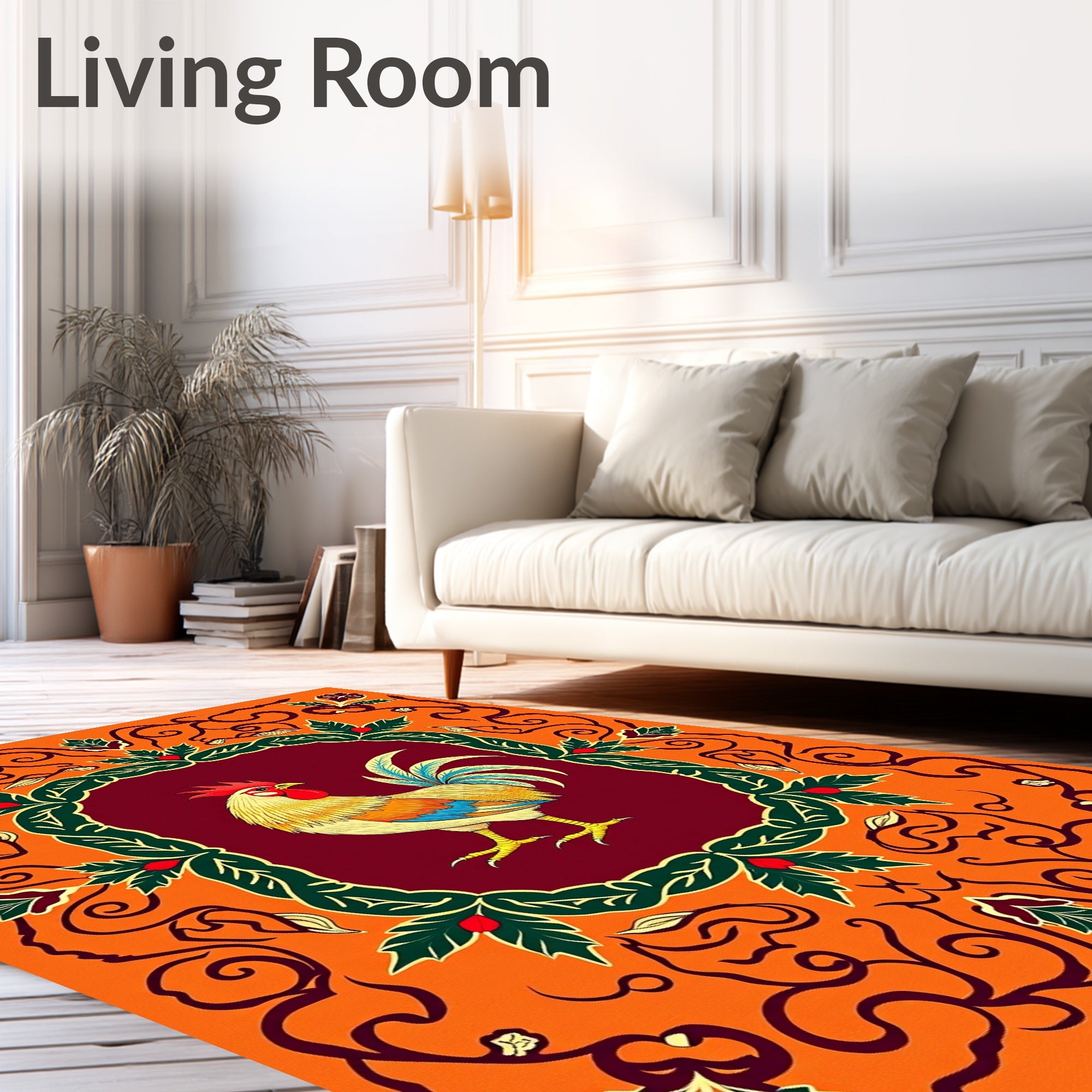 Vibrant Crimson Rooster Floral Scroll Rug