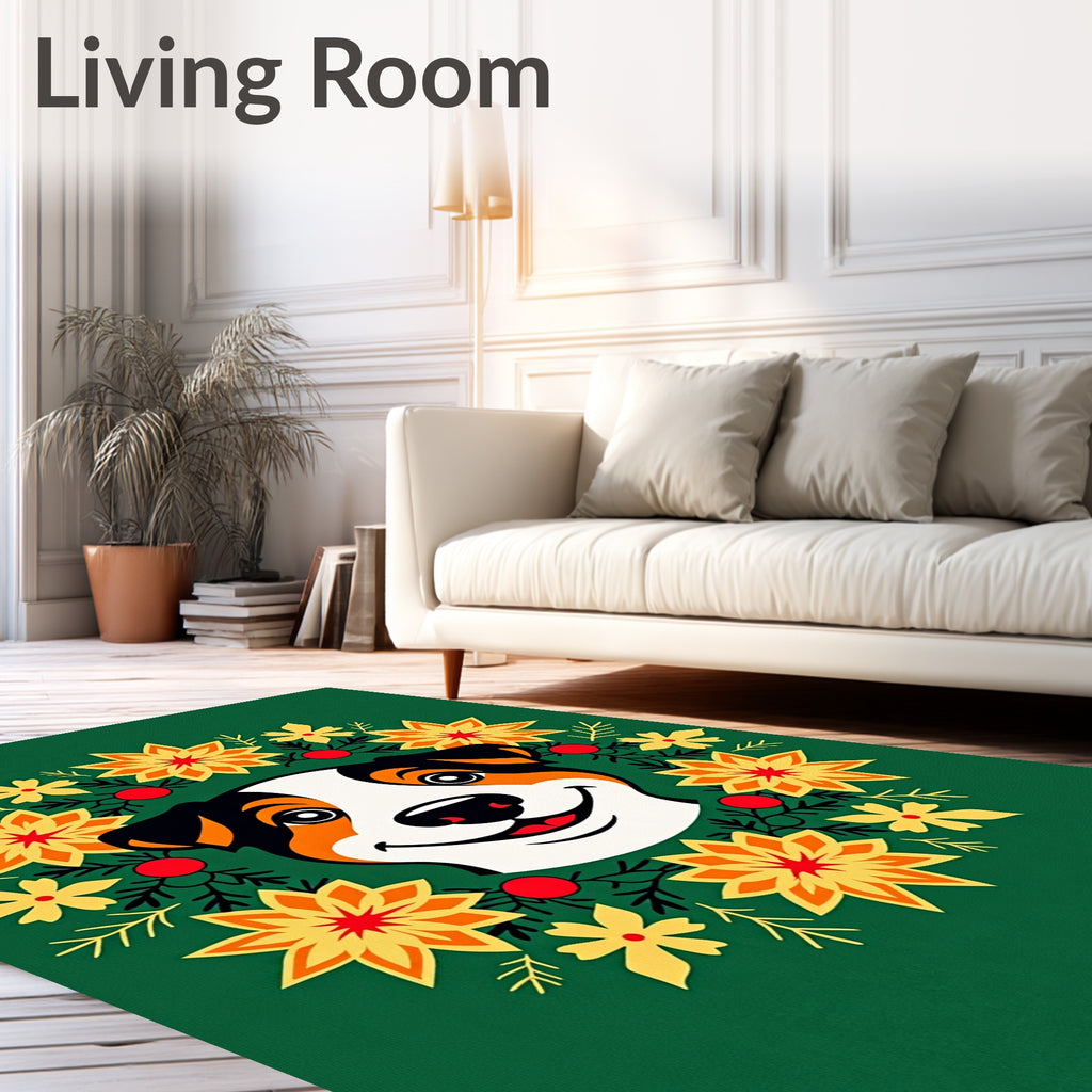 Whimsical Dog Floral Wreath Crimson Yellow Rug