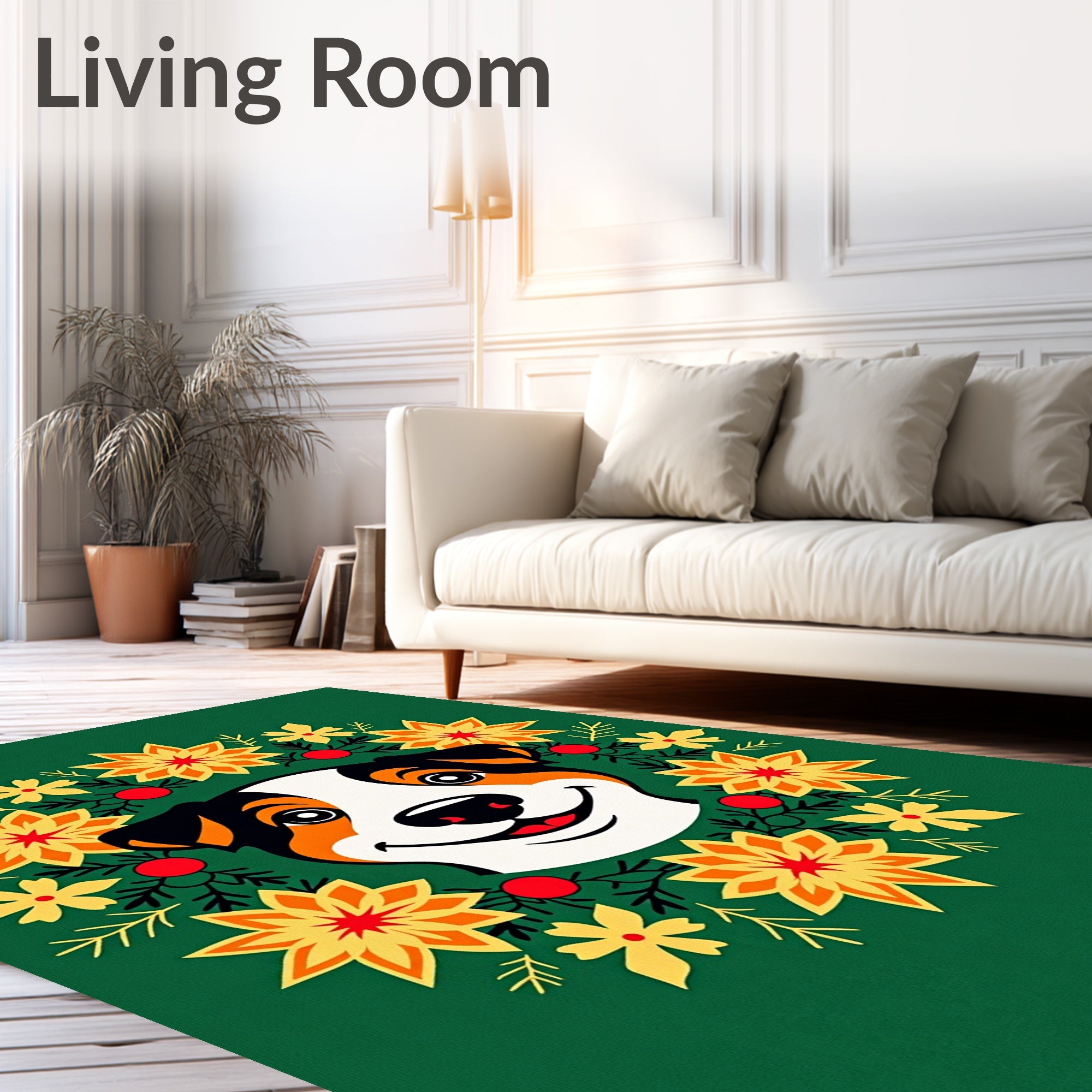Whimsical Dog Floral Wreath Crimson Yellow Rug