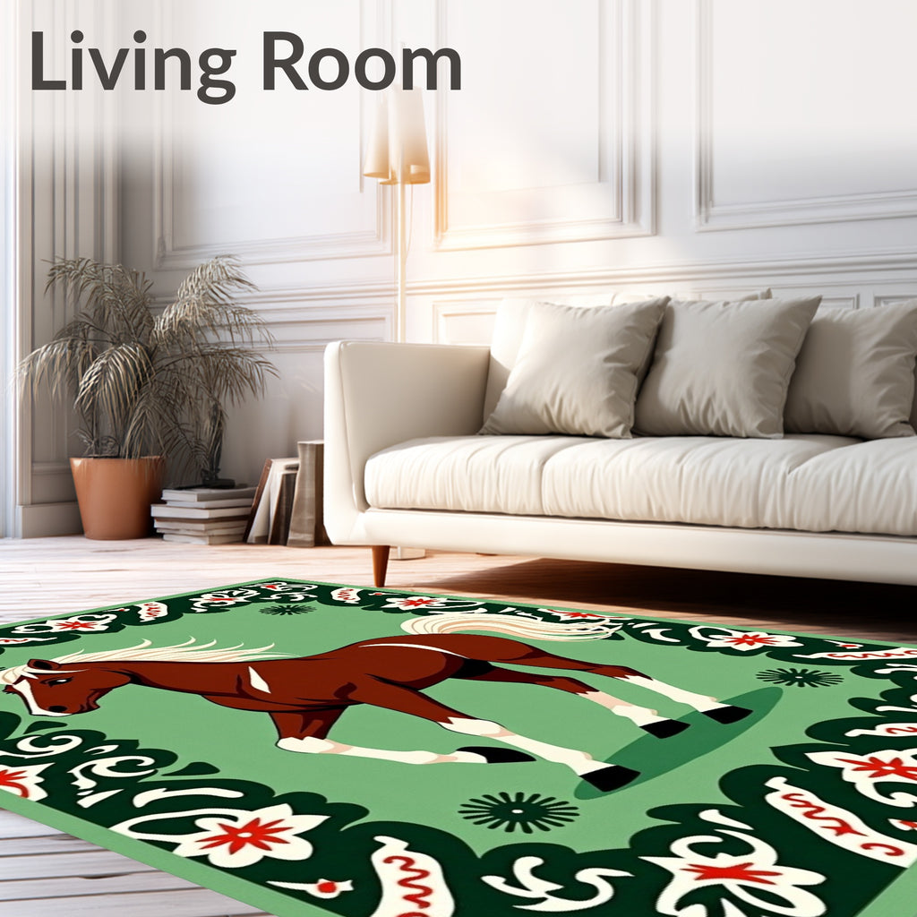 Brown Horse in Green Floral Frame Rug