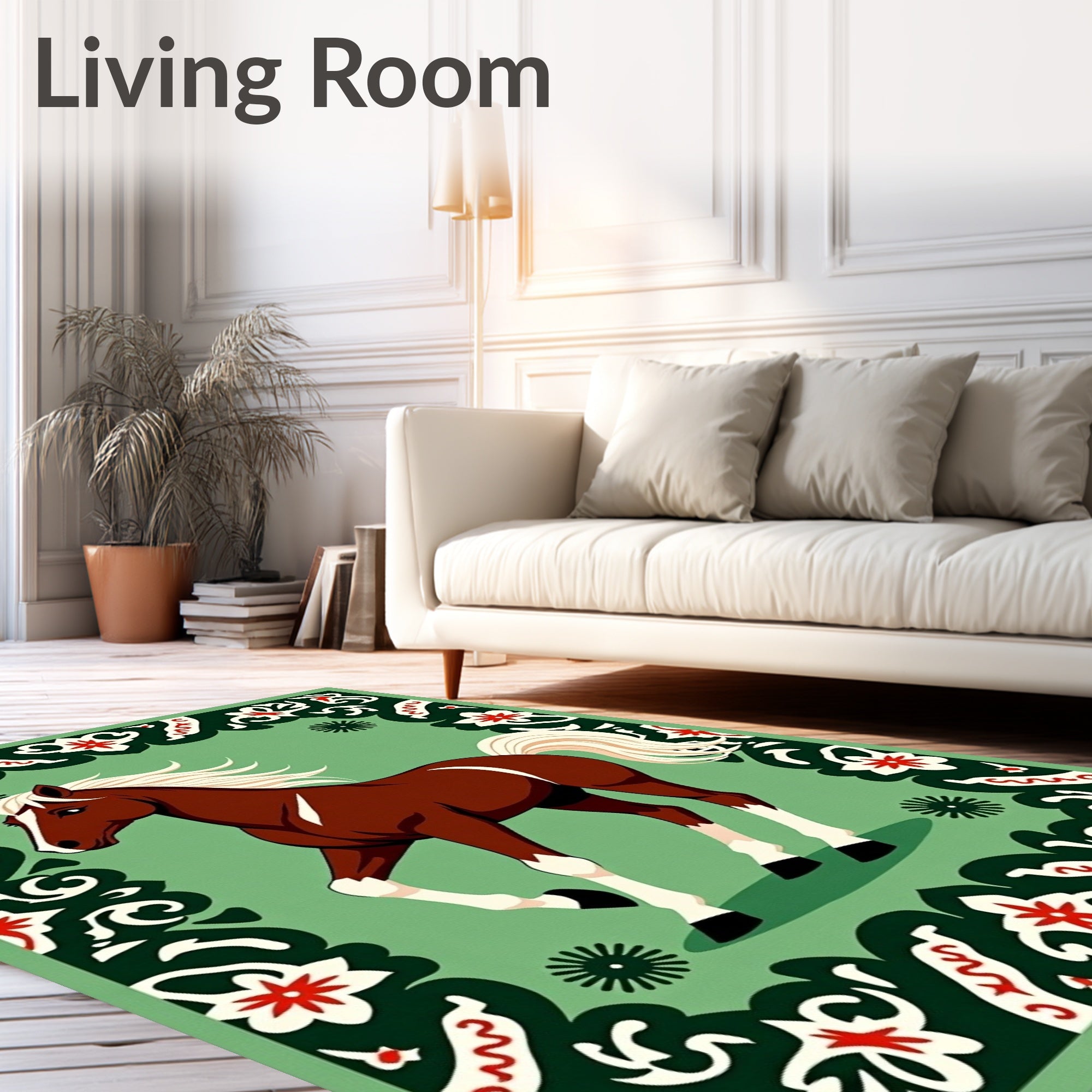 Brown Horse in Green Floral Frame Rug